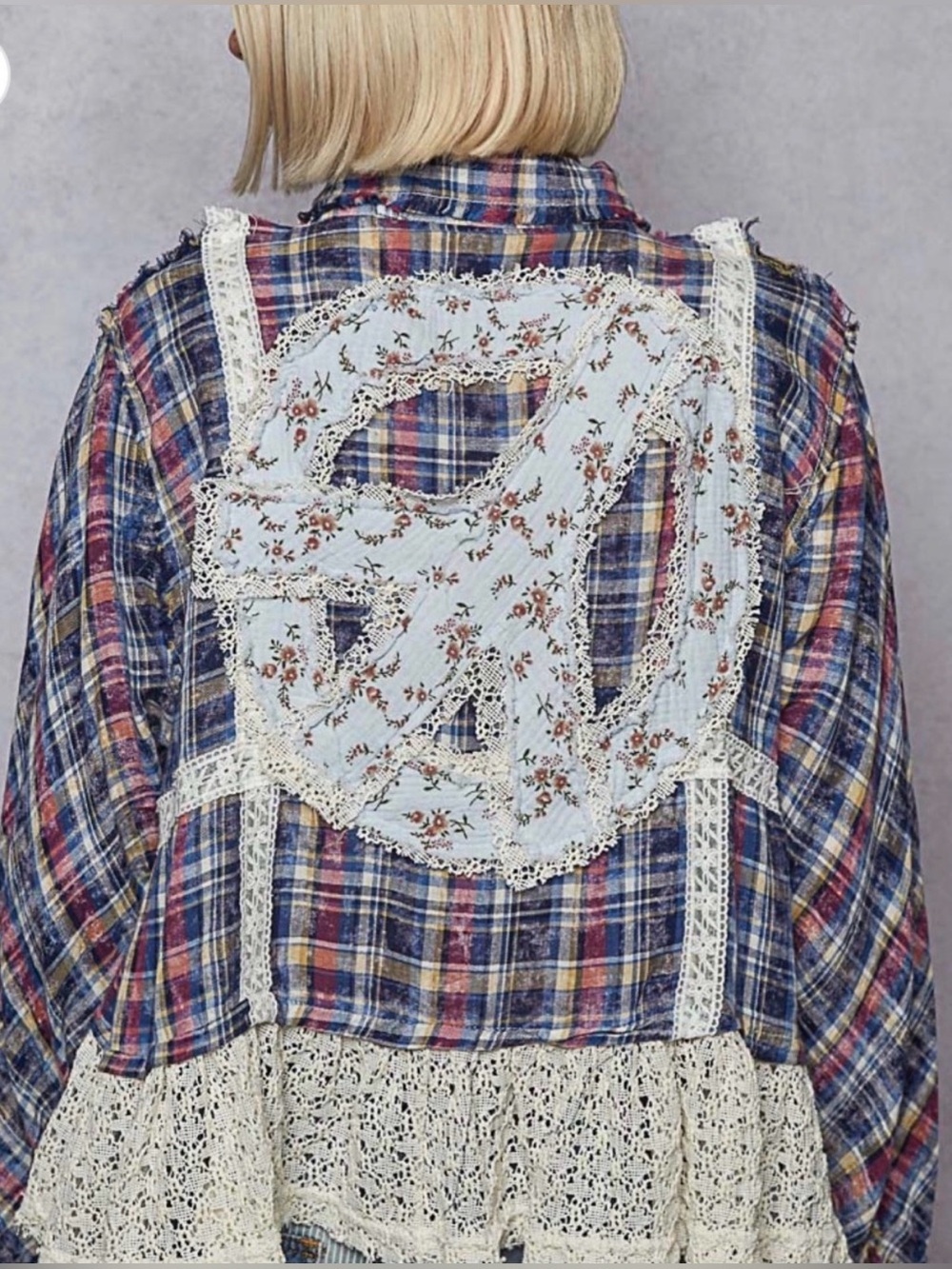 POL Plaid Patchwork Lace-Trim Jean Jacket - Blue Multi - Picture 2 of 4